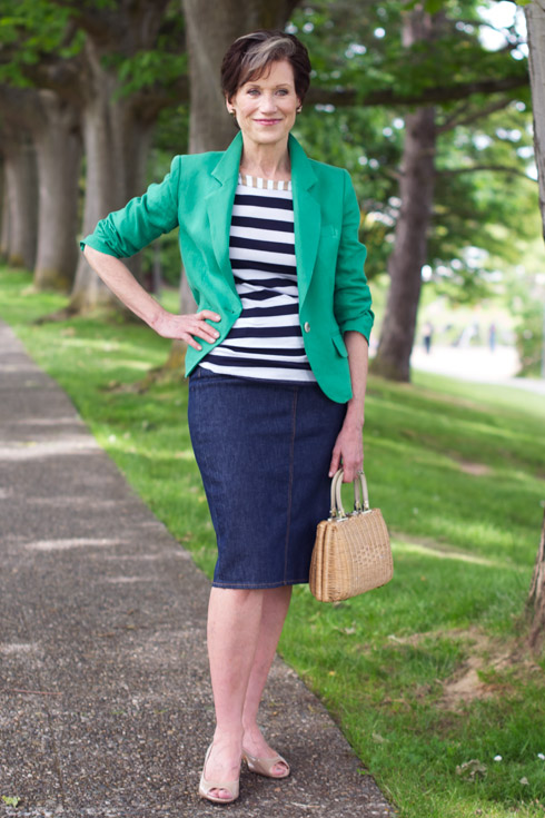 Karens Summer Style Denim Skirt And Linen Blazer Ylf 