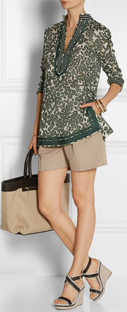 TORY BURCH Paloma Leather and Linen Wedge Sandals