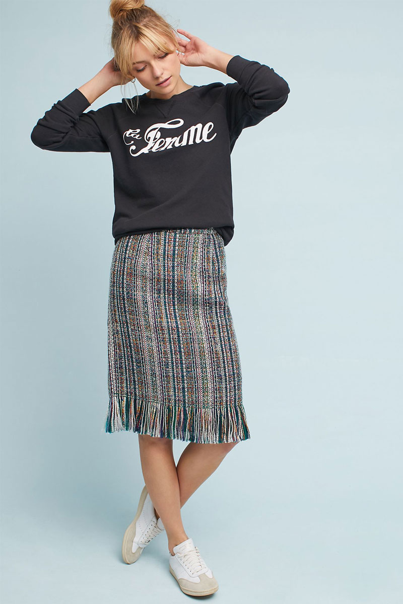 Fringed Tweed Pencil Skirt