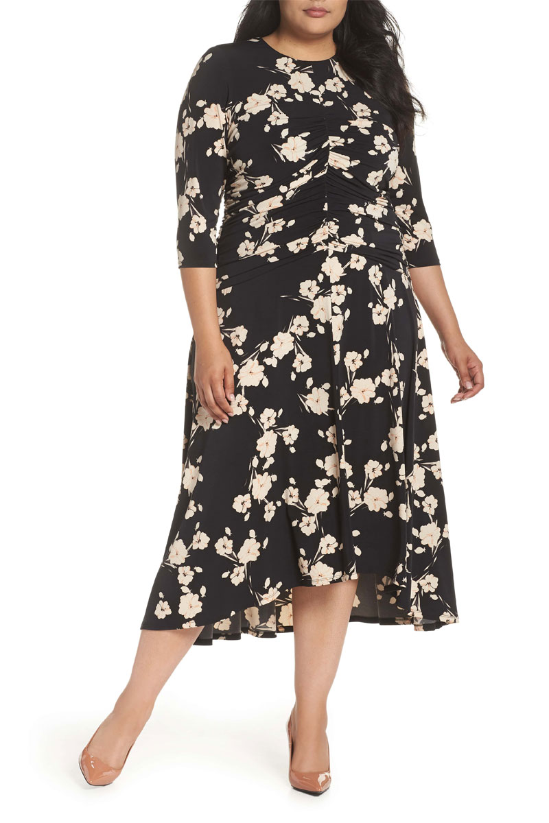 Maggy London Ruched Floral Midi Dress
