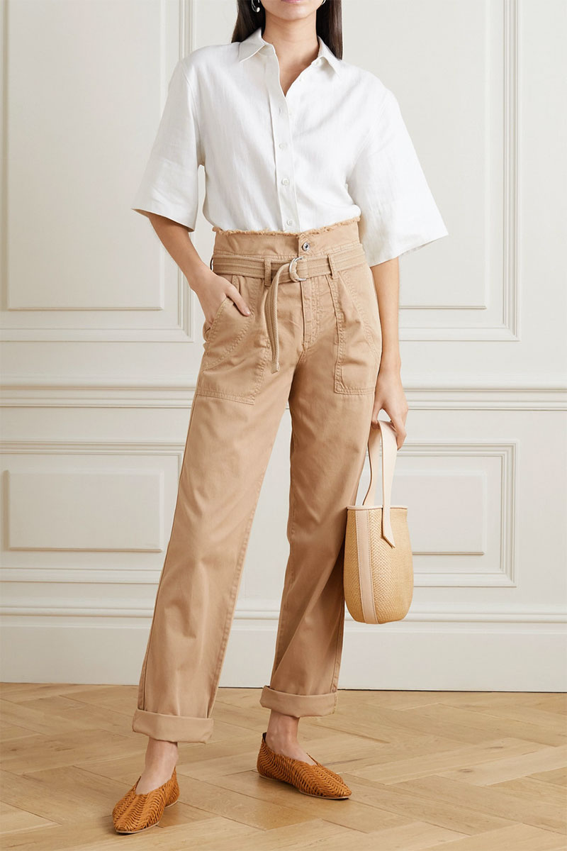 VANESSA BRUNO Epagny Belted Frayed Cotton-blend Canvas Tapered Pants