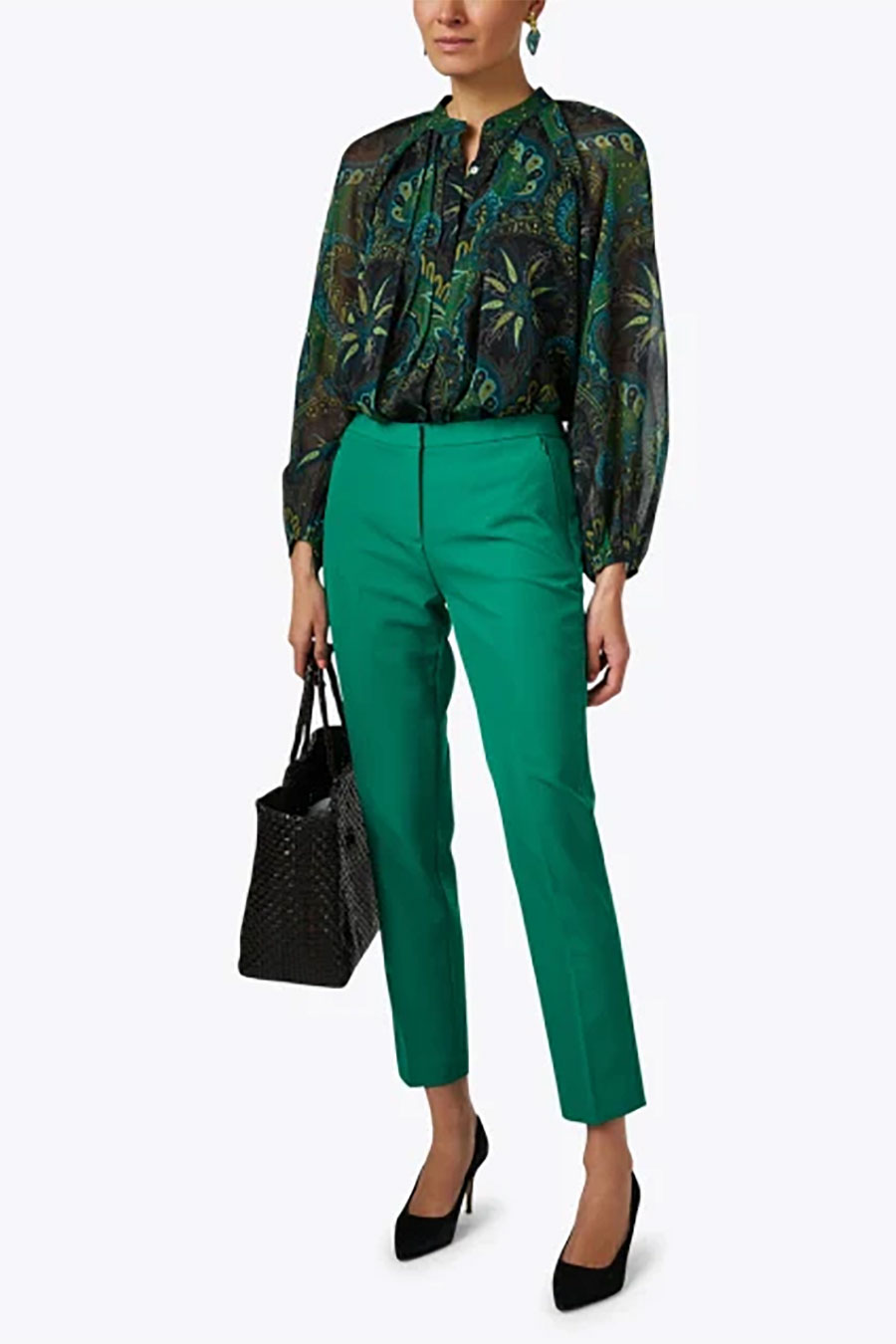 Patterned Blouse, Green Pants, Black Accents