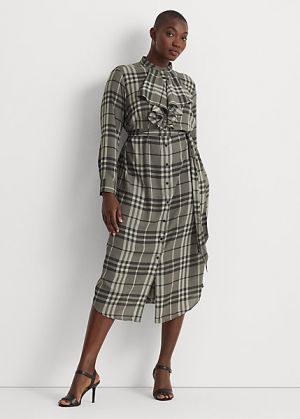 Cotton A-Line Plaid Shirt Dress